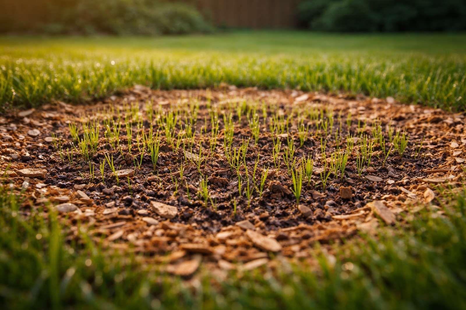 Fresh grass seedlings sprouting through topsoil and wood chip grindings where a tree stump was ground down