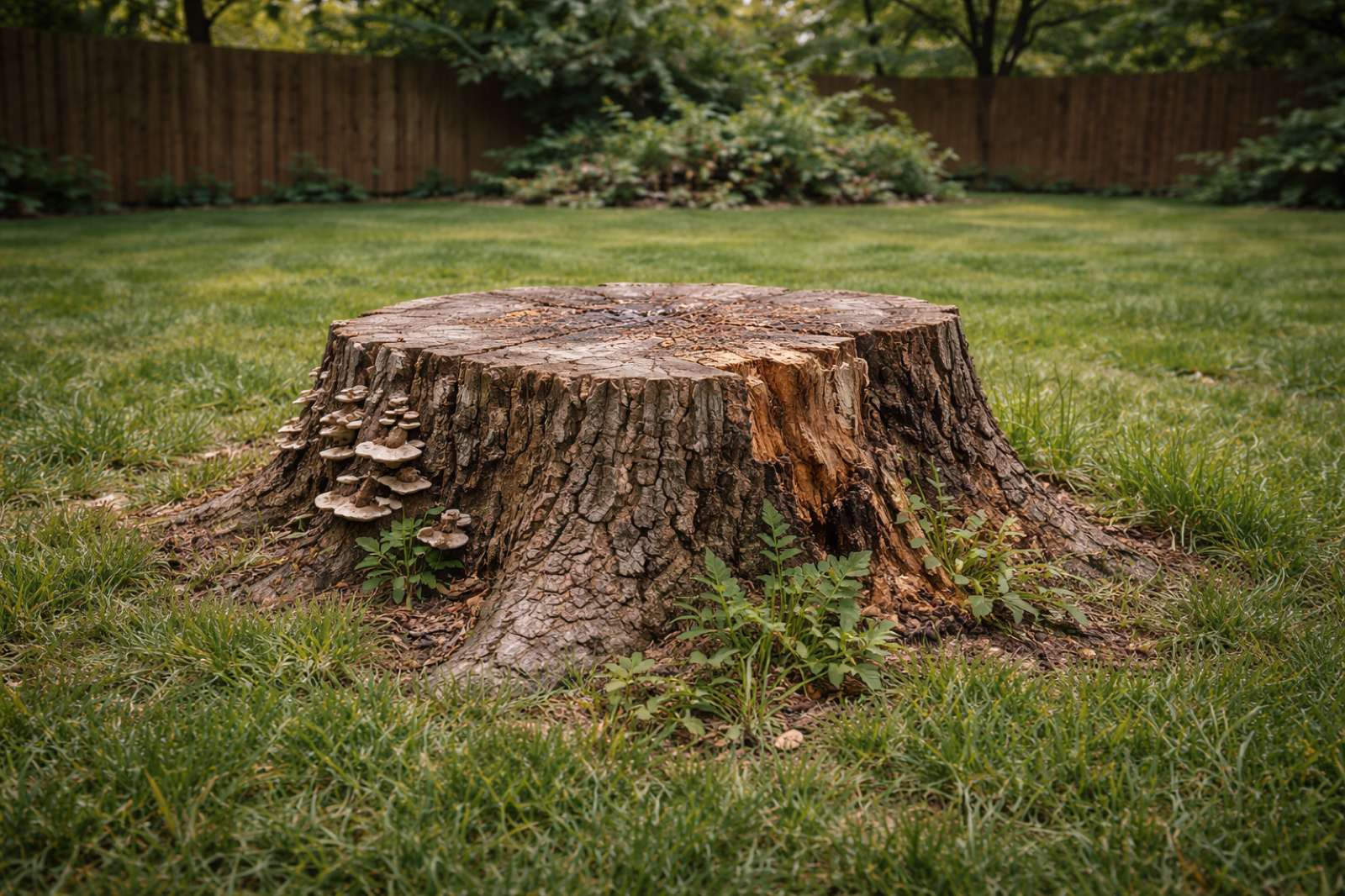 Old weathered tree stump with fungal growth and weeds in a suburban backyard — signs it's time for removal